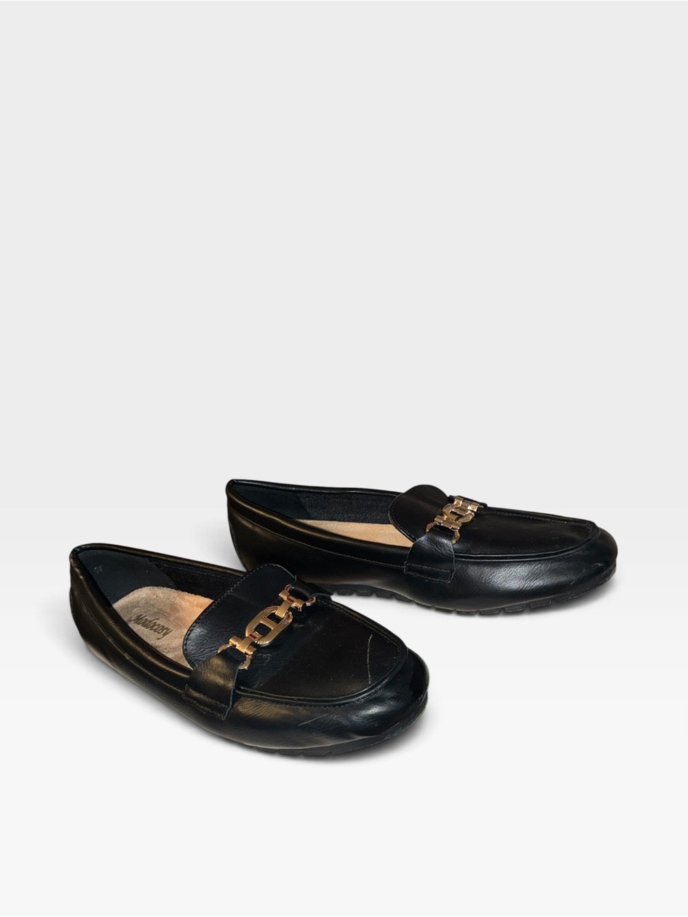 Black Leather Loafers with a decorative gold hardware chain (notice scratch)